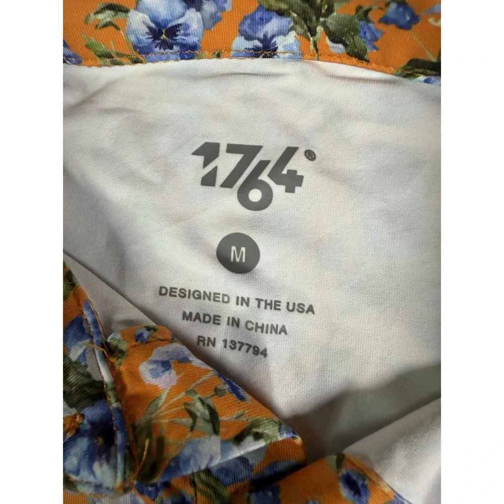 1764 Polo Shirt Mens M Orange All over Floral Print Golf Performance Stretch